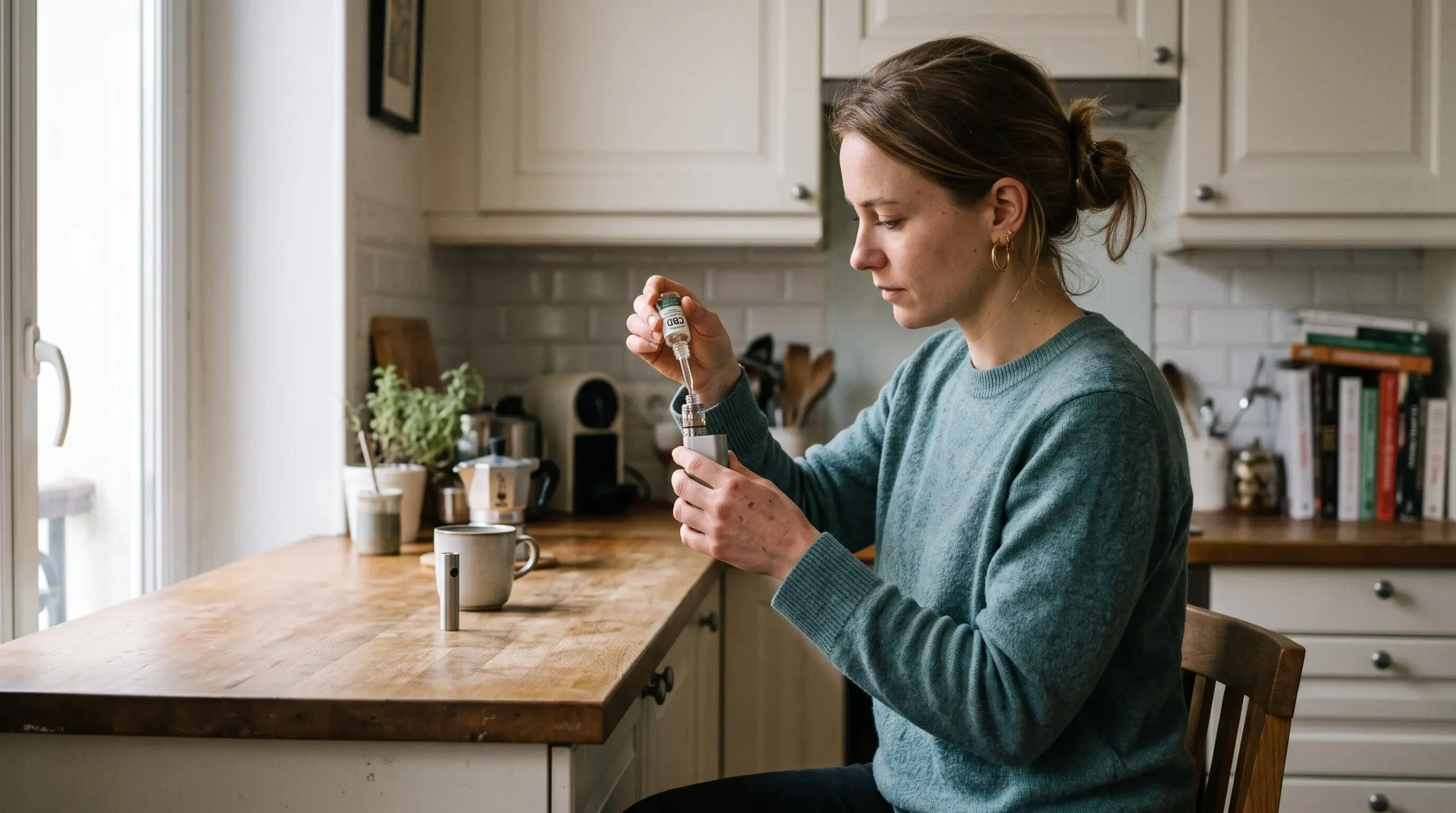 Une femme remplit le réservoir d'une cigarette électronique avec un e-liquide au CBD.