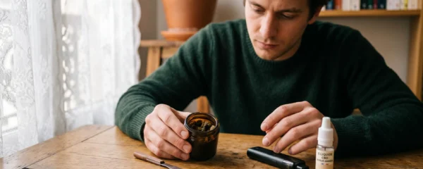 Des mains tenant une résine de CBD près d'une cigarette électronique posée sur une table.