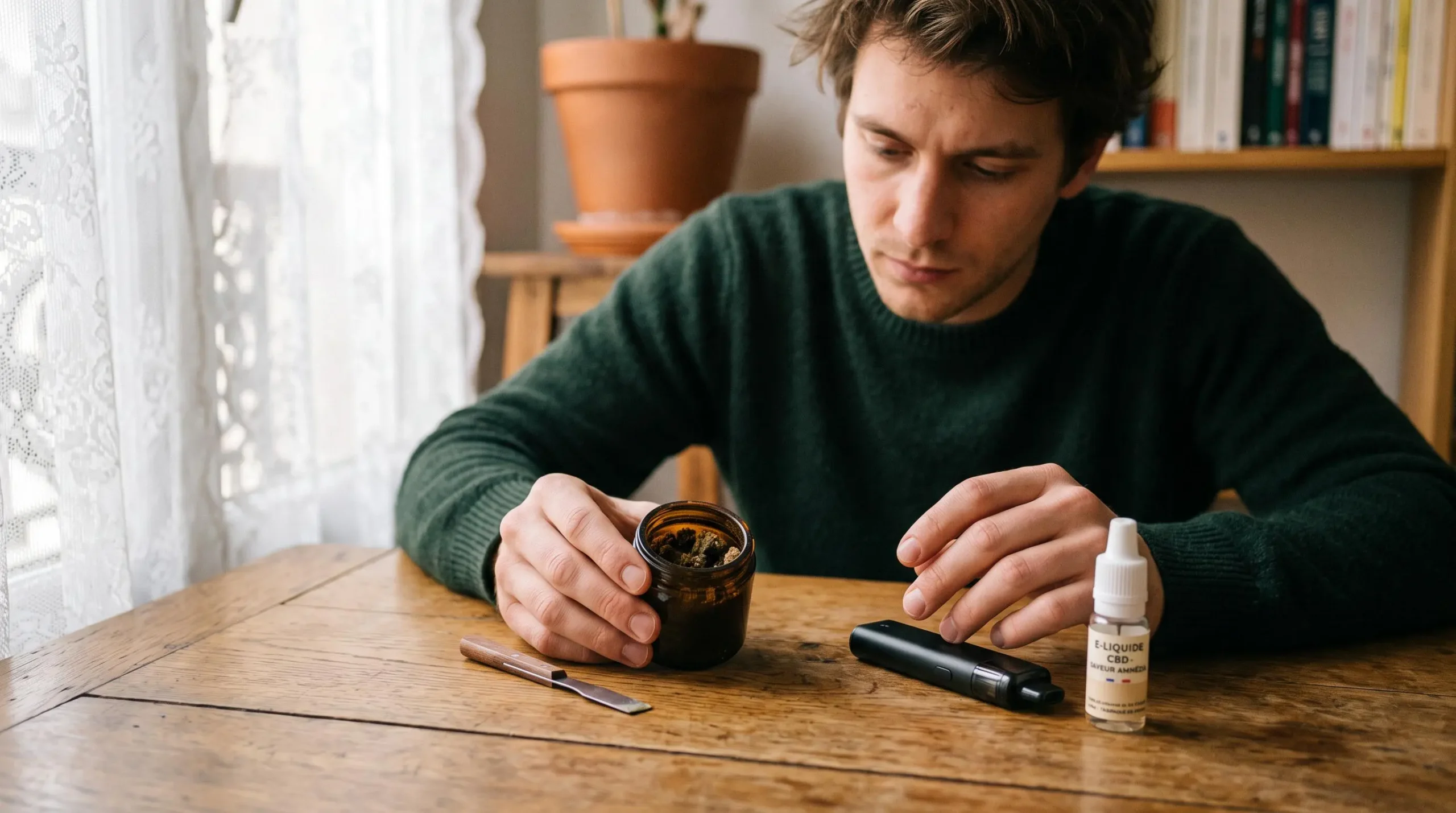 Des mains tenant une résine de CBD près d'une cigarette électronique posée sur une table.